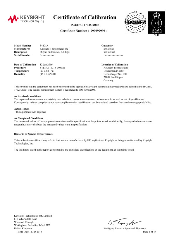 34401A Certificate of Calibration PDF Asset Page Keysight